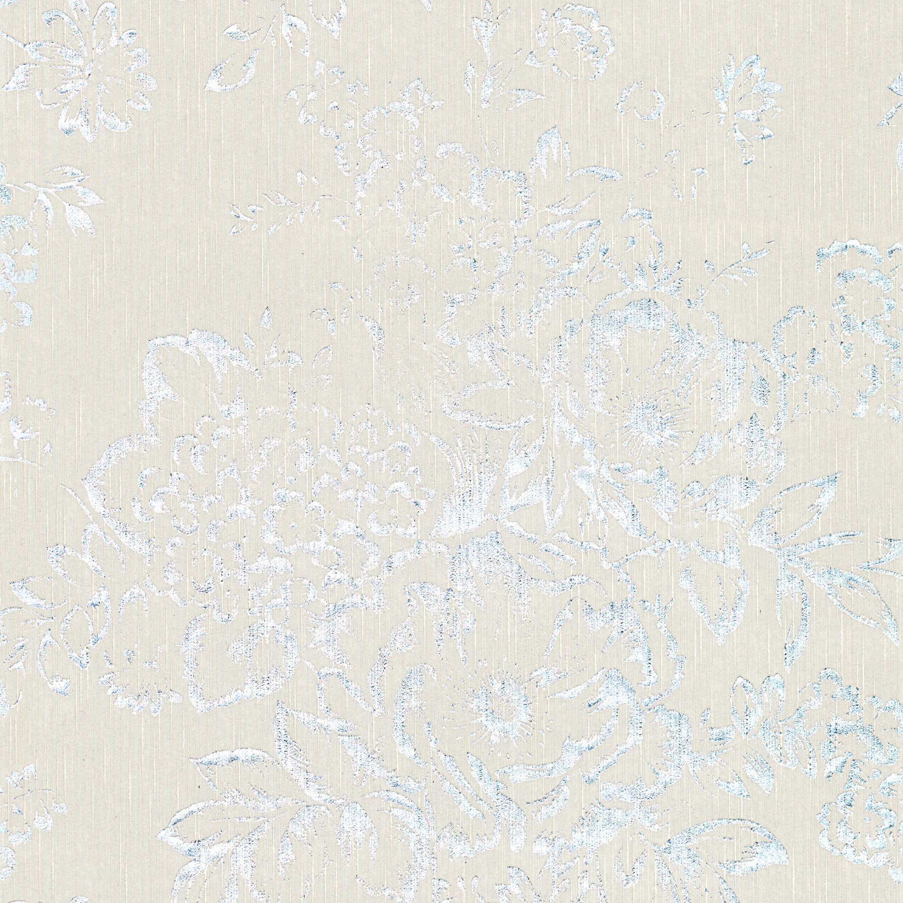 Strukturtapete mit silbernem Blütenmuster – Silber, Grau

