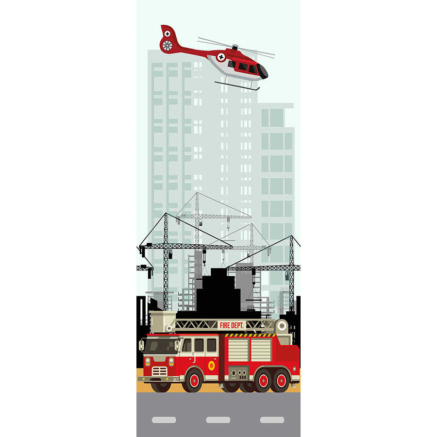 Stadt Fototapete Feuerwehrauto und Helikopter in Rot und Weiß auf Strukturvlies
