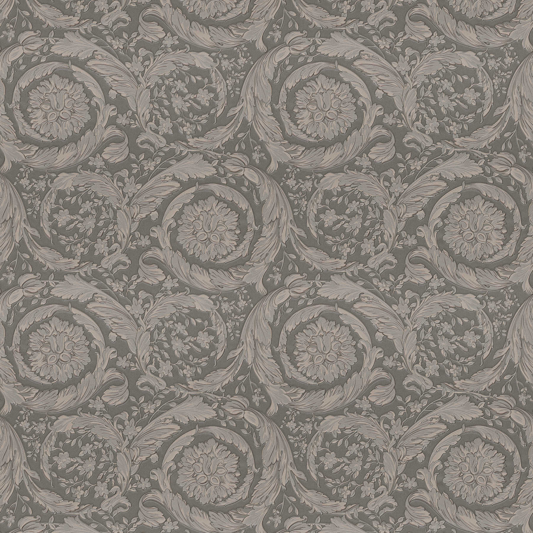 Vliestapete VERSACE Ornament Muster floral – Grau, Metallic
