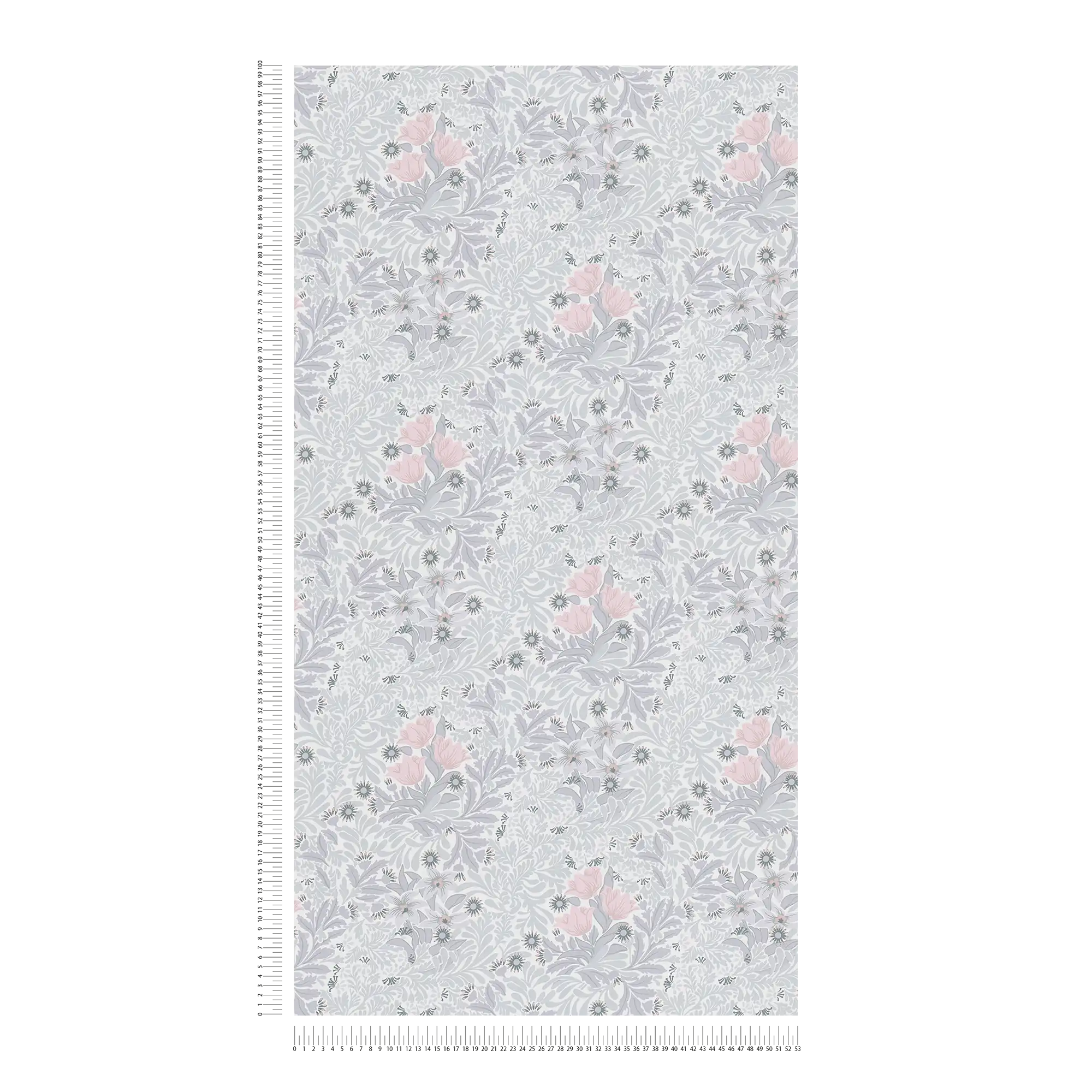             Vliestapete mit floralem Muster in sanften Farbtönen – Grau, Rosa, Weiß
        