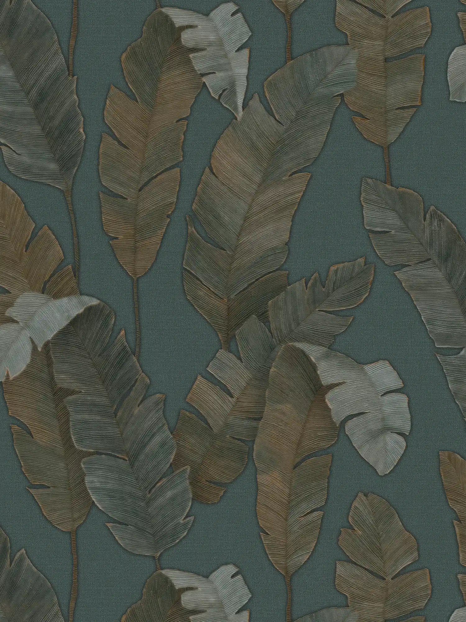         Vliestapete mit große Palmenblätter in dunkler Farbe – Petrol, Grün, Braun
    