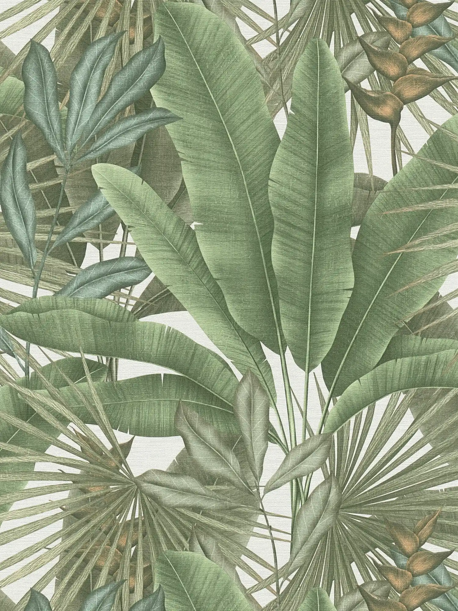 Florale Dschungeltapete leicht strukturiert mit großen Blättern – Grün, Weiß, Beige

