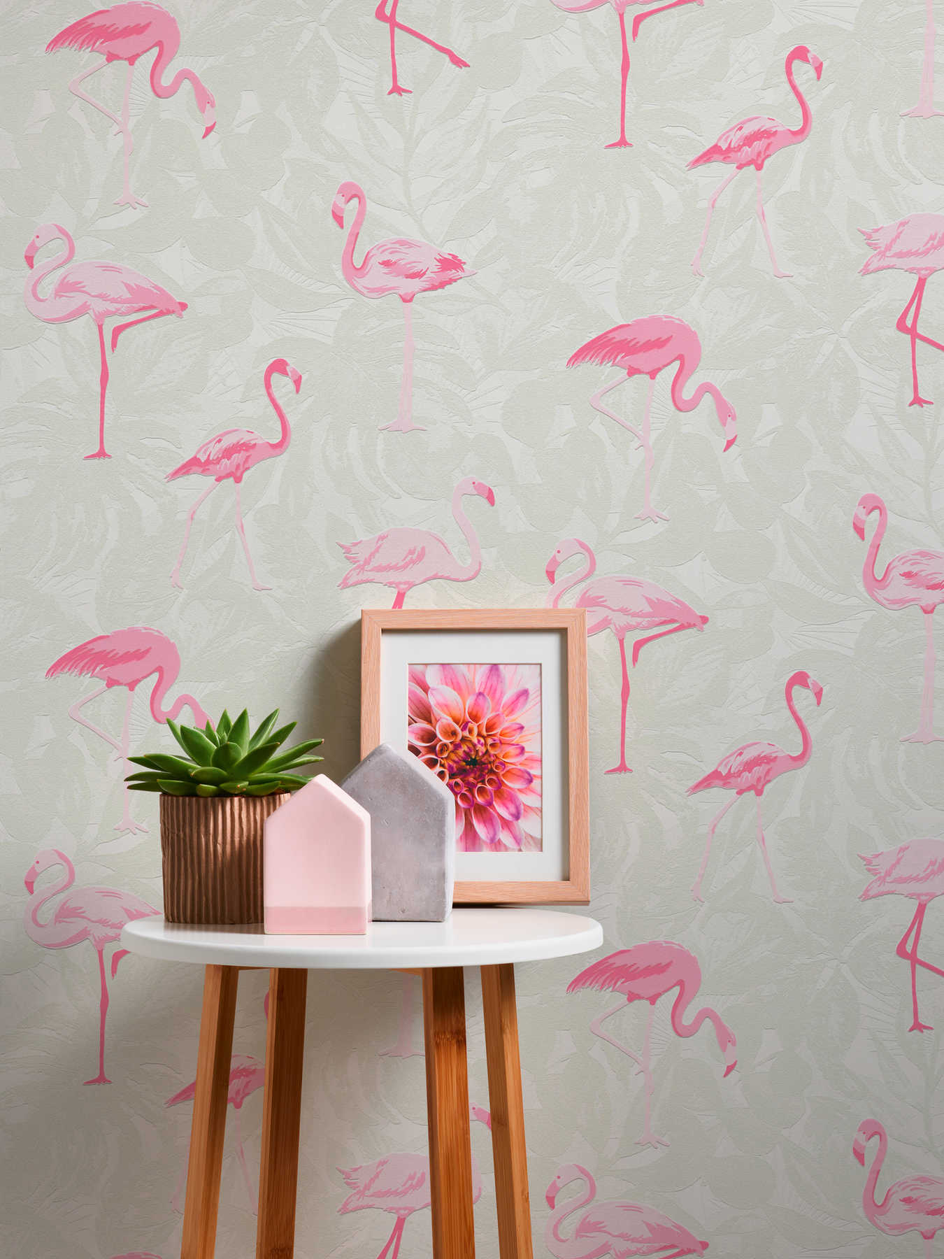             Flamingo Tapete mit tropischem Blättern – Rosa, Creme
        