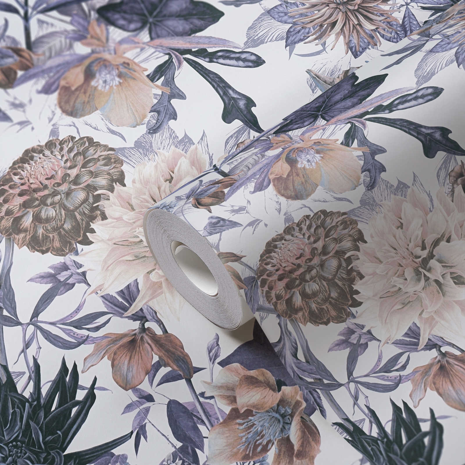            Blumentapete mit floralem Muster – Blau, Braun, Grau
        