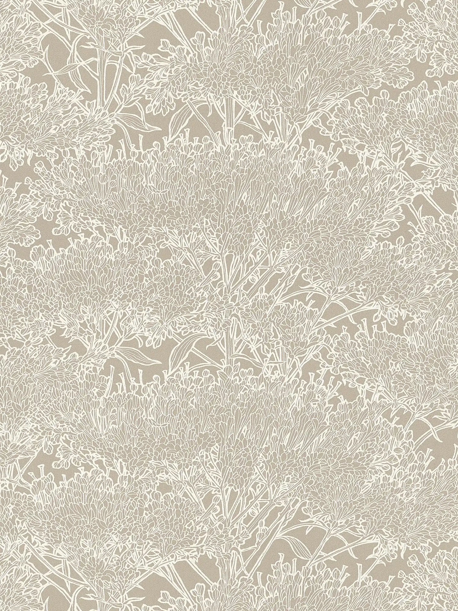 Mediterrane Tapete Sandfarben mit floralem Muster – Grau, Silber, Beige
