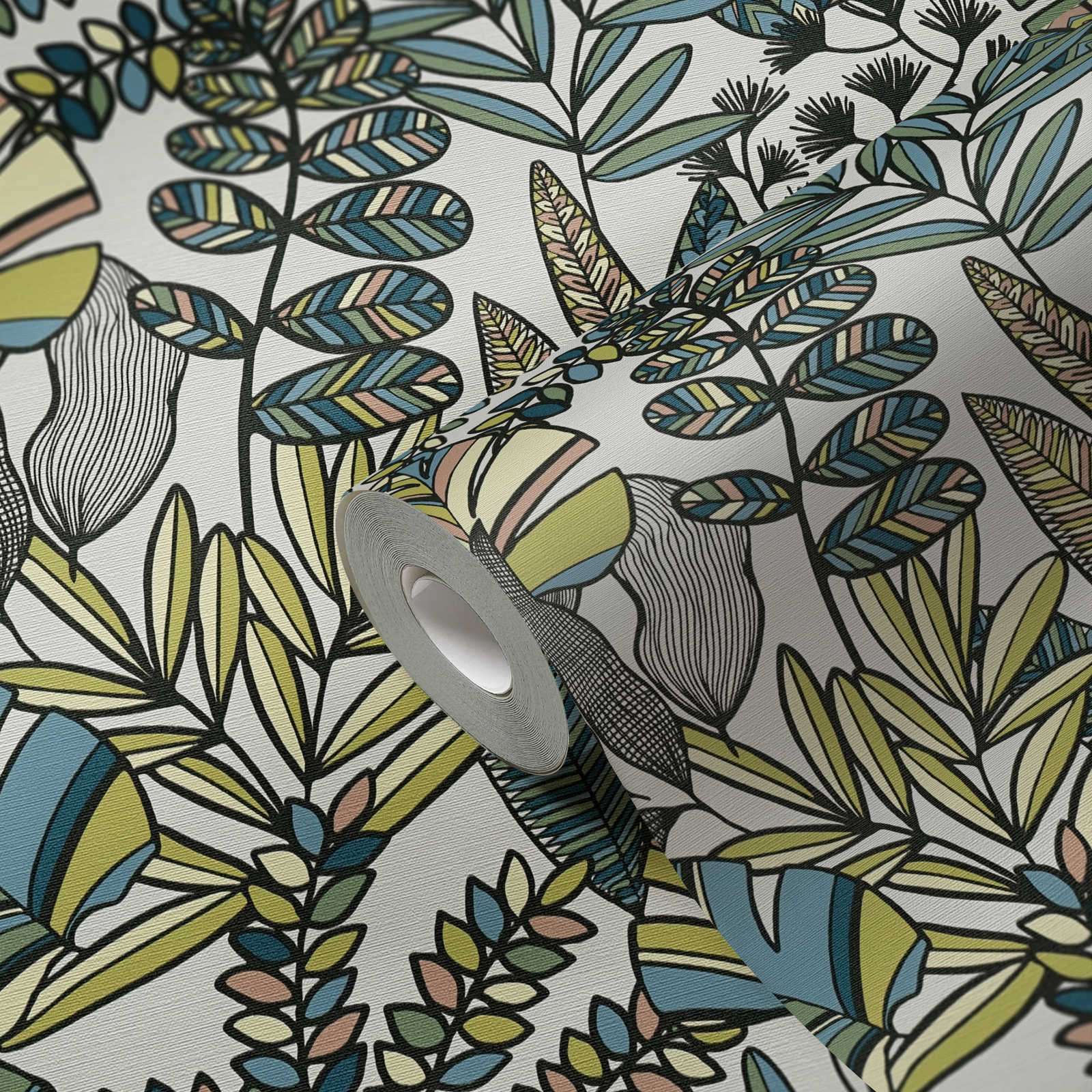             Vliestapete mit großen Blättern in kräftigen Farben – Weiß, Schwarz, Blau
        