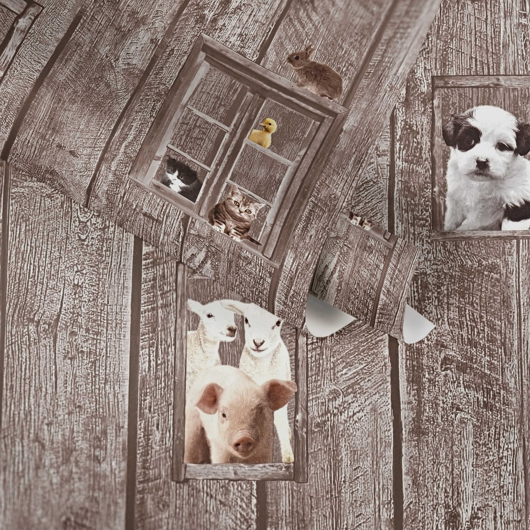             Papiertapete Bauernhof Tiere mit Holzoptik – Bunt
        