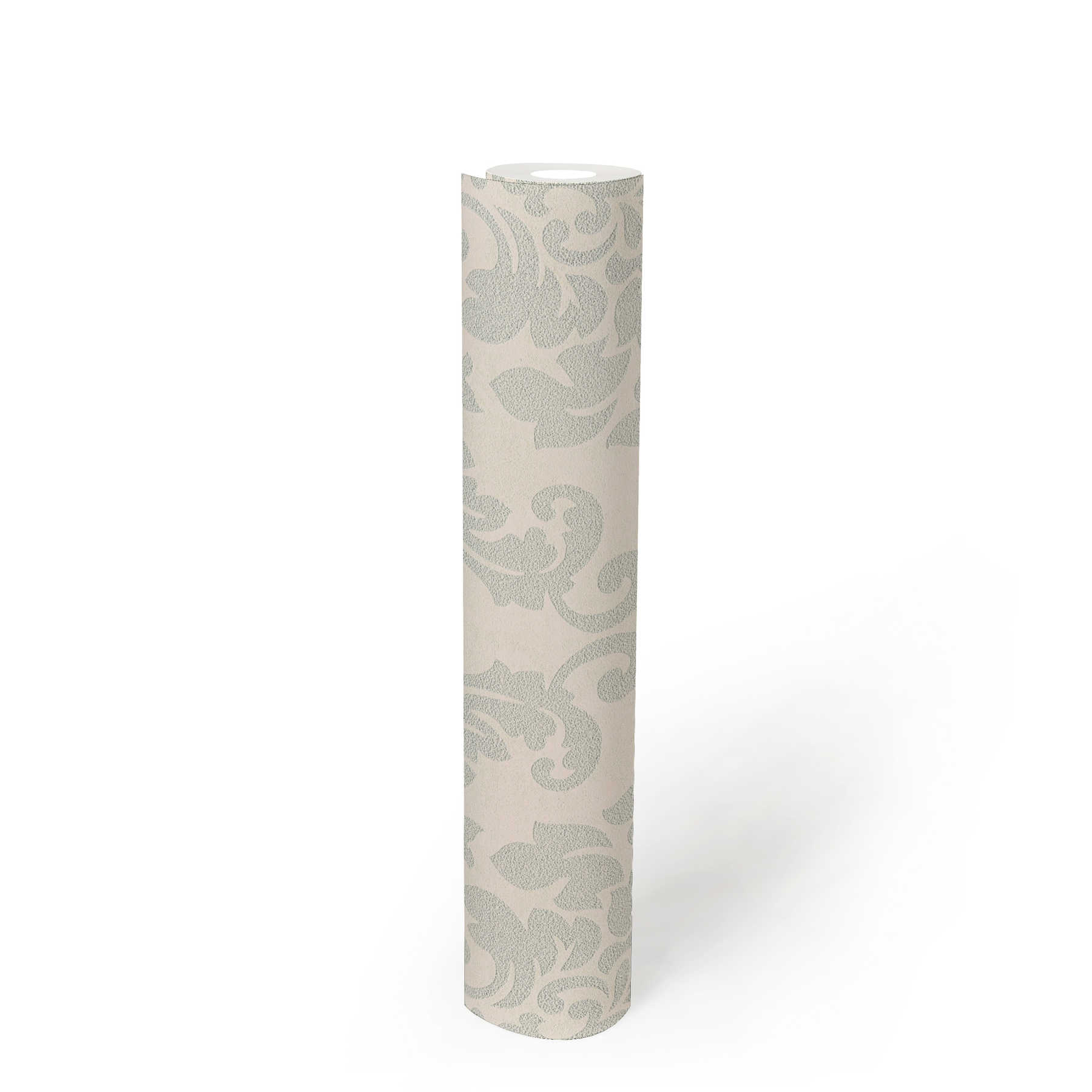             Florale Ornamenttapete mit Metallic-Effekt – Grau, Silber, Weiß
        