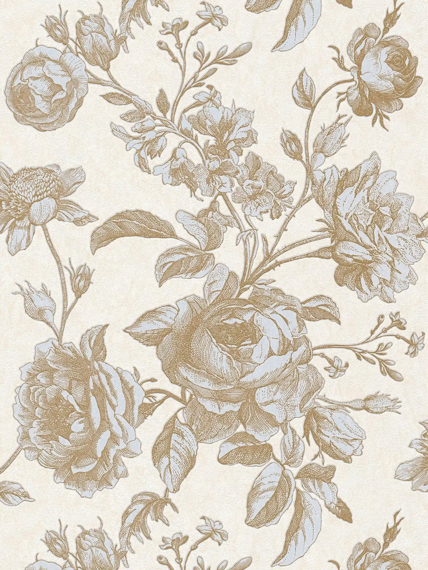 Vintage Tapete mit Rosen Muster im Grafikstil – Metallic, Creme

