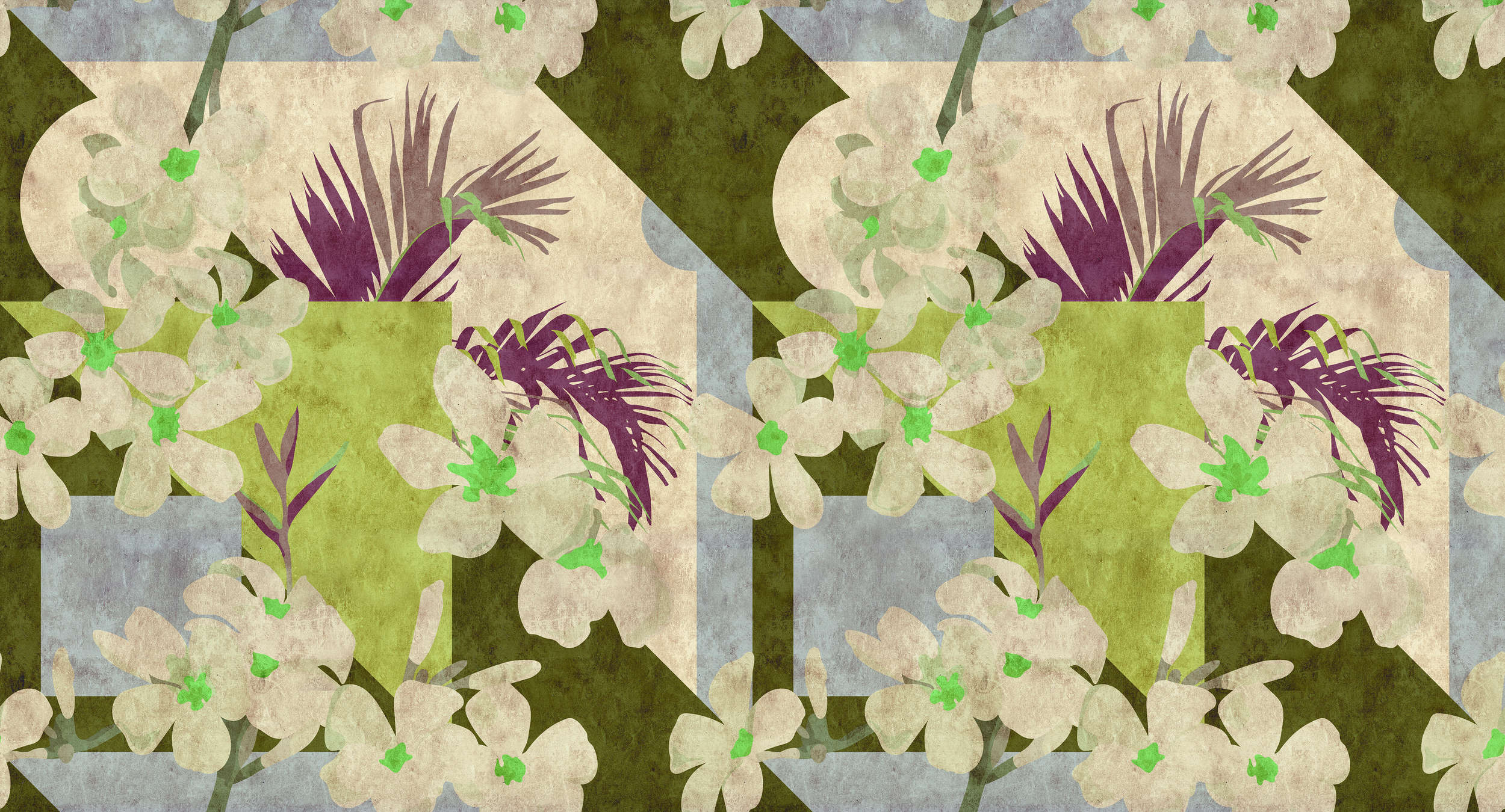             Vintage bloom - Grafische Fototapete florales Vintage Dekor- Löschpapier Struktur – Beige, Blau | Premium Glattvlies
        
