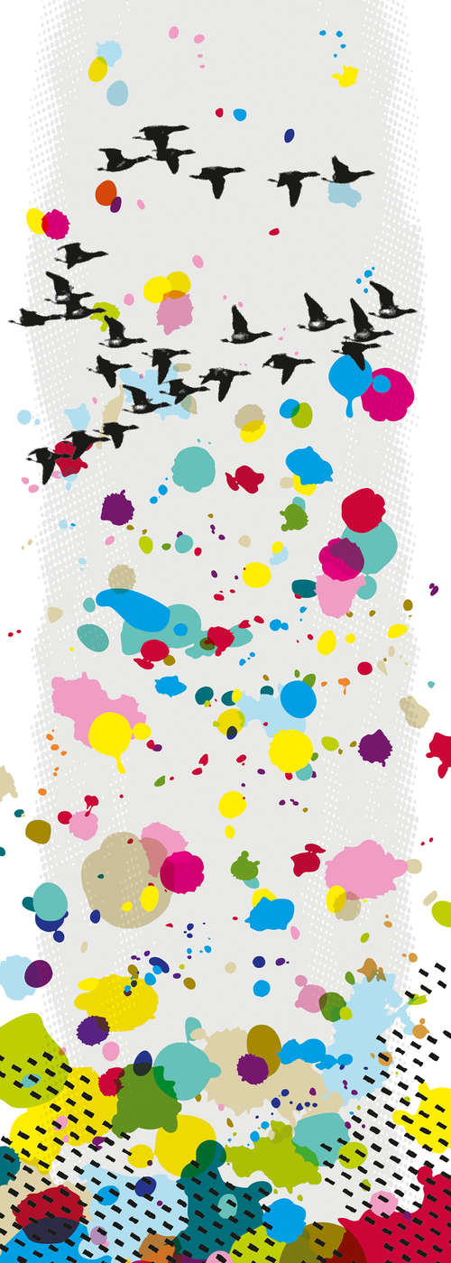             Grafik Fototapete Farbtupfer mit Vogelschwarm auf Premium Glattvlies
        