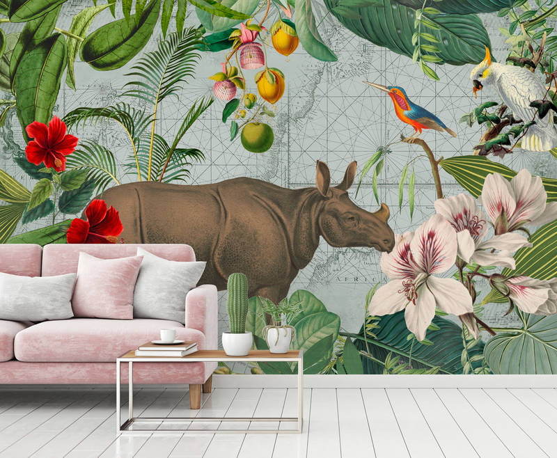             Fototapete Nashorn mit Dschungel Collage im Retro Stil
        