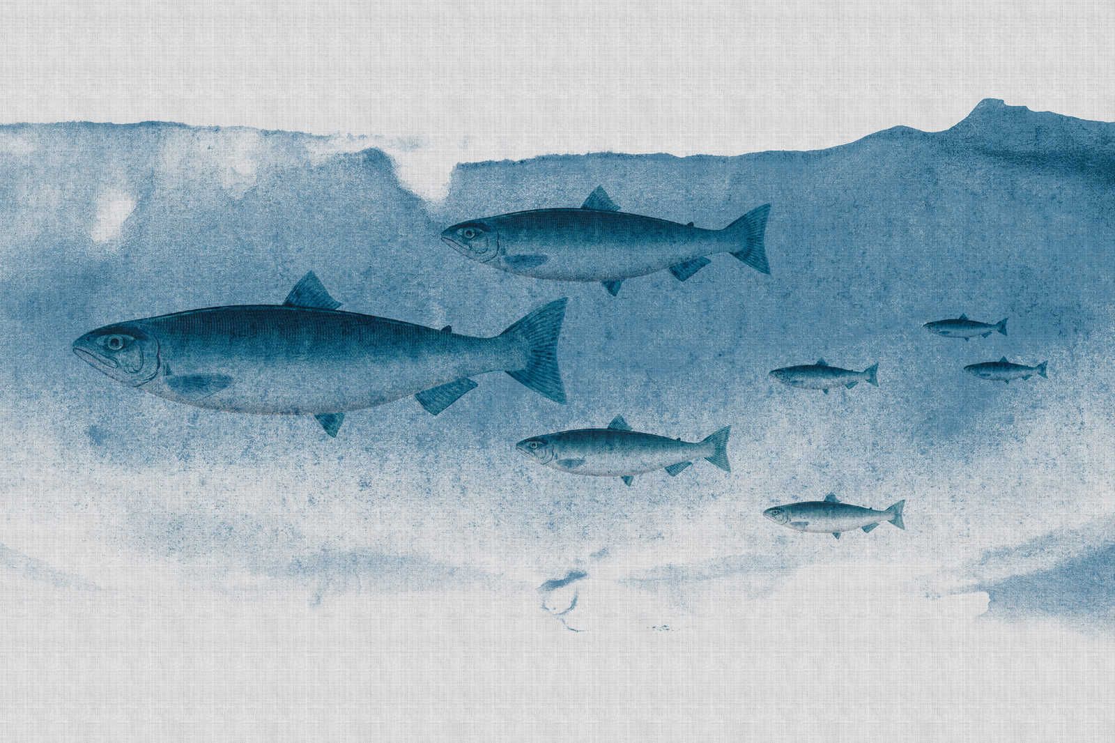             Into the blue 1 - Fisch Aquarell in Blau als Leinwandbild in naturleinen Optik – 1,20 m x 0,80 m
        