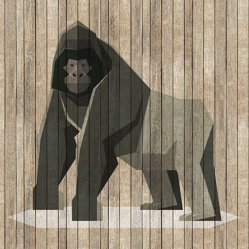 Born to Be Wild 3 - Fototapete Gorilla auf Bretterwand - Holzpaneele Breit – Beige, Braun | Mattes Glattvlies
