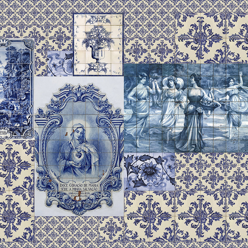 Azulejos 1 - Fototapete Fliesen Collage Retro Stil – Beige, Blau | Struktur Vlies
