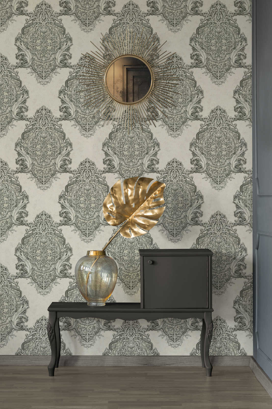             Ornament Tapete mit filigranem Metallic-Design – Beige, Grau
        