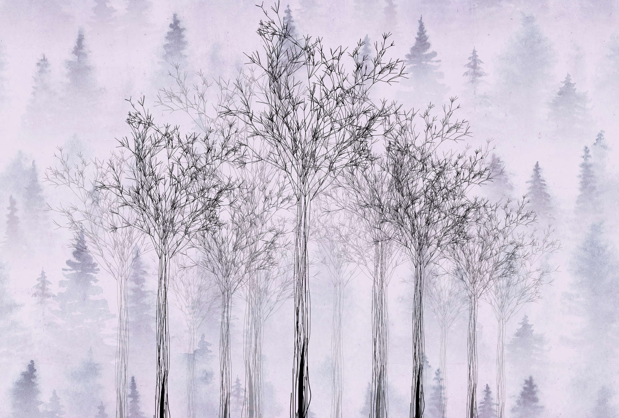             Fototapete bunte Betonoptik & Bäumen im Zeichen-Stil – Violett, Weiß, Schwarz
        