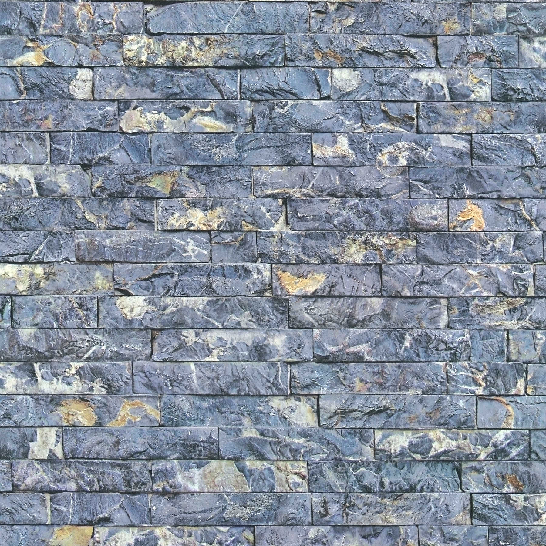 Tapete Steinoptik mit 3D Mauerwerk Quarzstein – Blau, Grau

