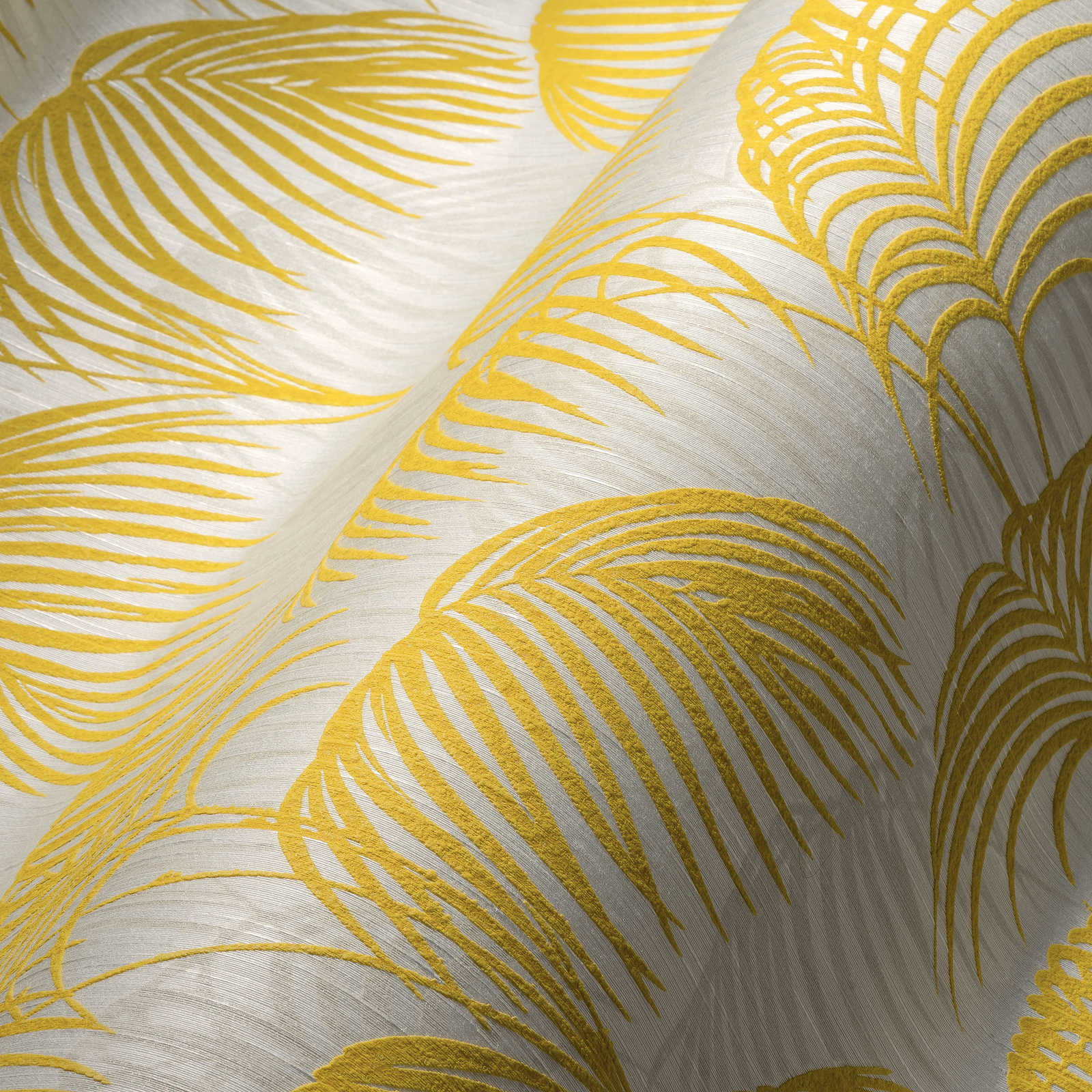             Palmen Tapete mit Gold-Effekt & Strukturdesgin – Metallic, Weiß
        