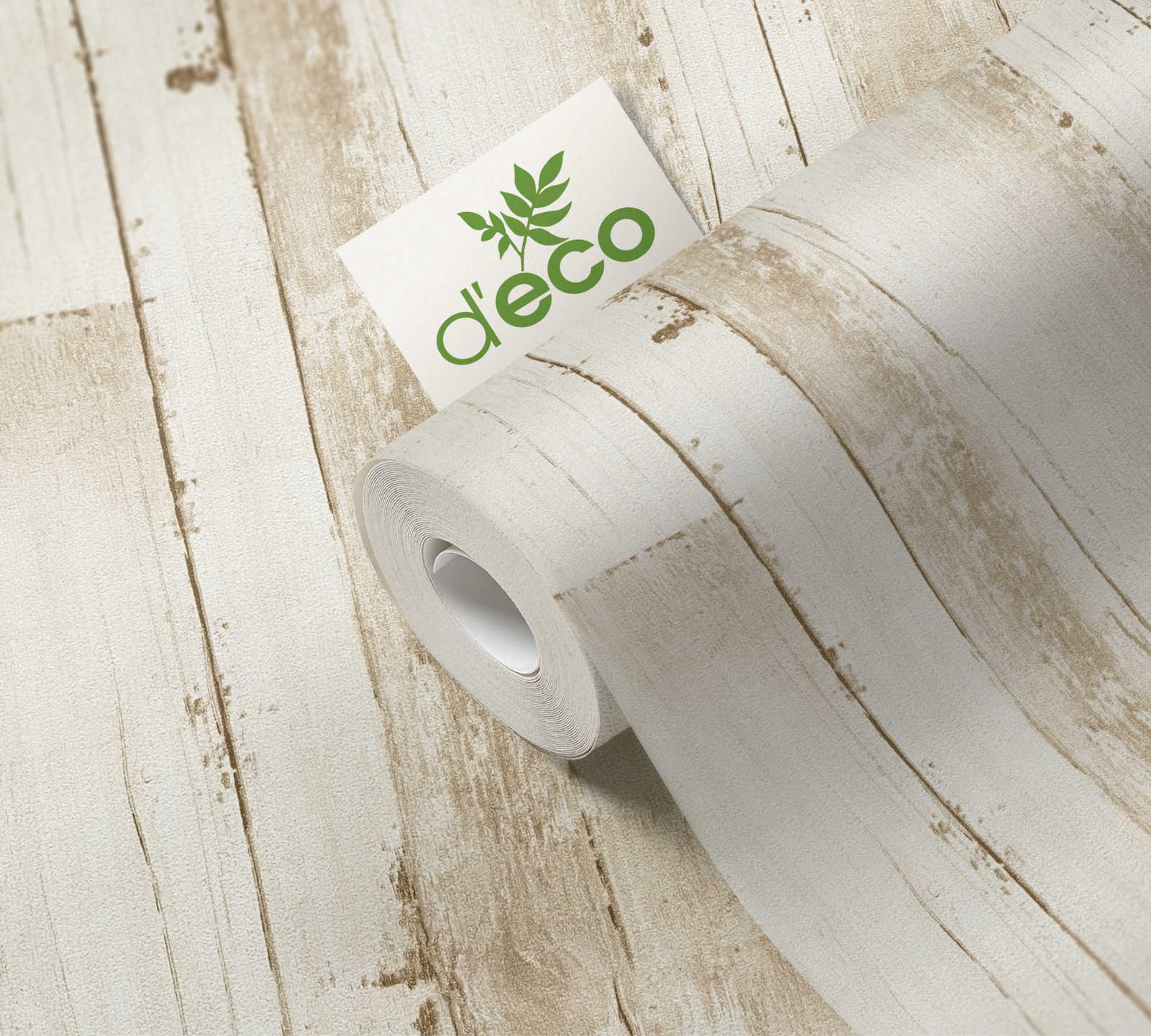             Holz-Vliestapete mit Bretteroptik PVC-frei – Beige, Weiß
        