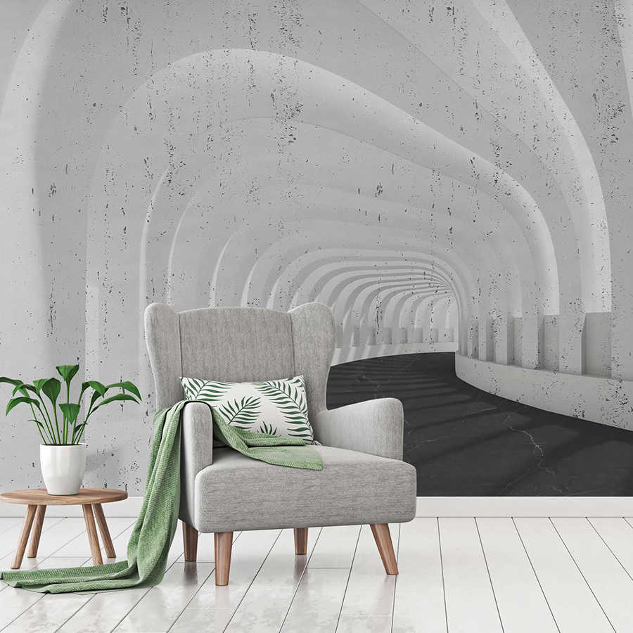 Fototapete 3D Tunnel aus Beton mit Bögen – Grau, Schwarz
