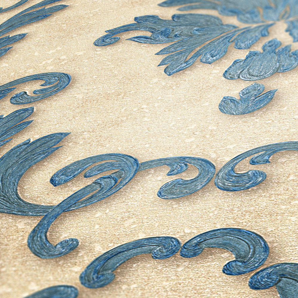             Designertapete florale Ornamente & Metallic-Effekt – Blau, Gold, Creme
        