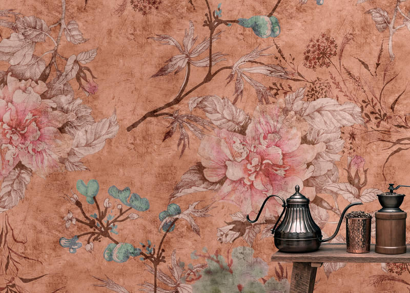             Tenderblossom 3 - Digitaldrucktapete Blüten-Muster im Vintage Stil – Rosa, Rot | Perlmutt Glattvlies
        