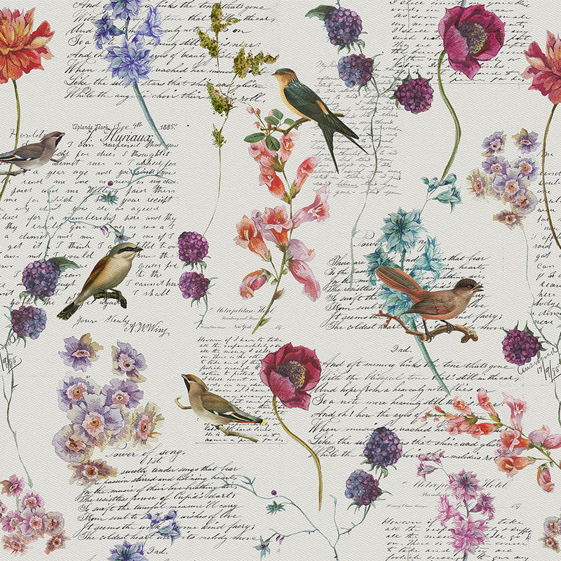 Fototapete mit Blüten & Vögeln im Vintage-Stil – Bunt, Weiß, Blau
