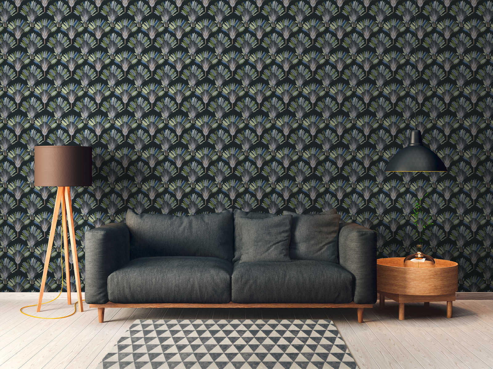             Dunkle Tapete Palmen Design mit Musterdruck – Grün, Schwarz, Blau
        
