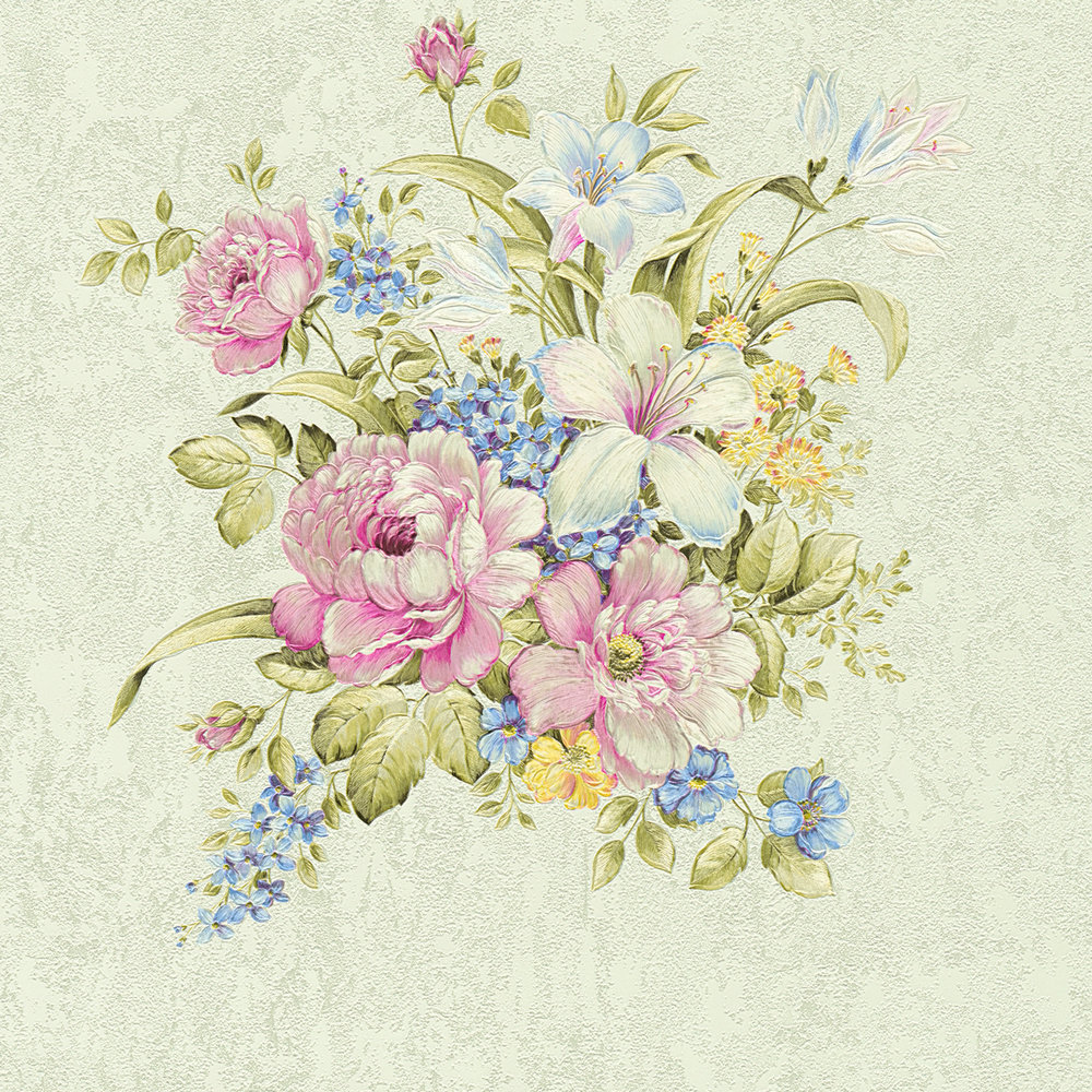             Blüten Tapete mit Ornamenten, strukturiert – Grün, Rosa
        