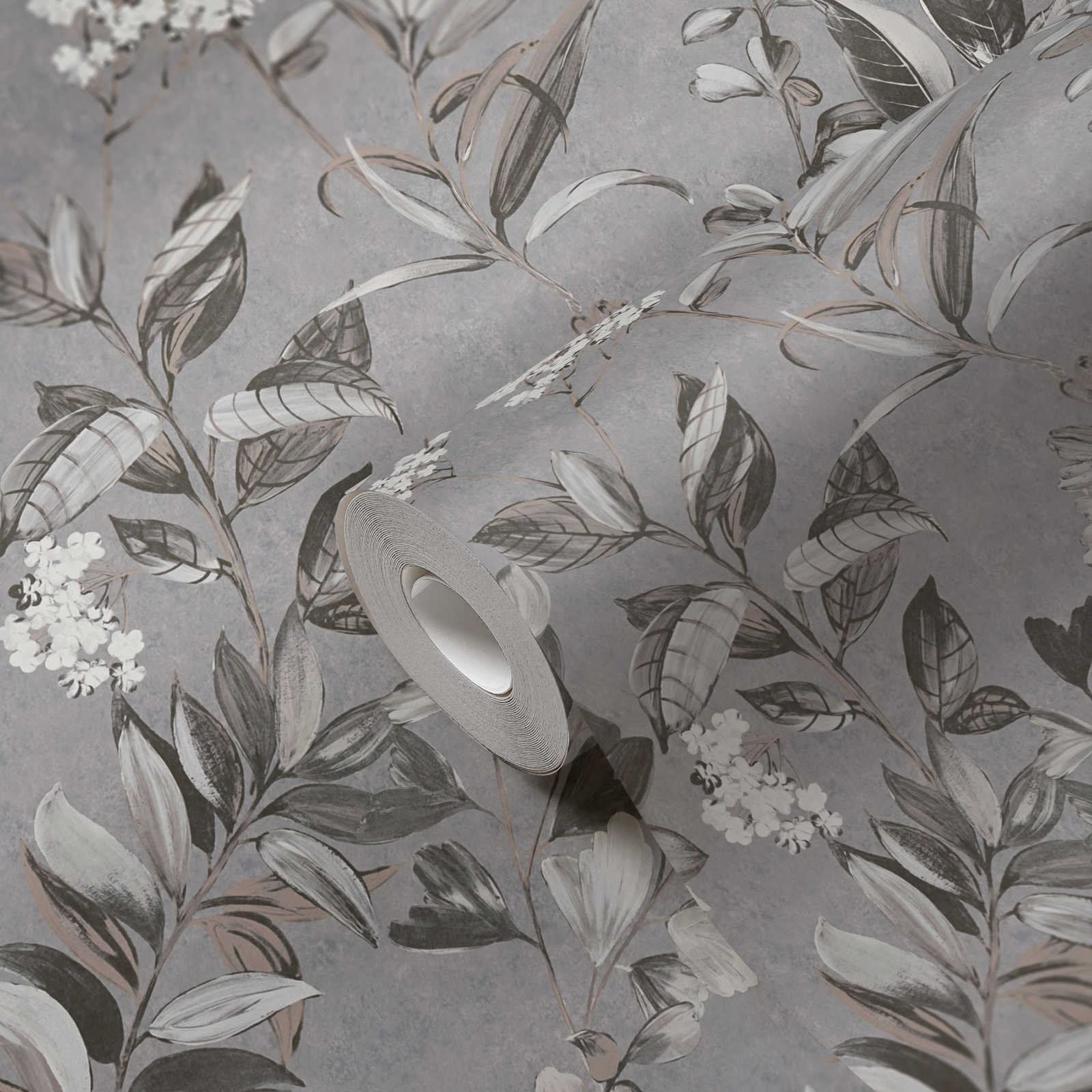             Vliestapete mit floralem Muster – Grau, Weiß, Schwarz
        