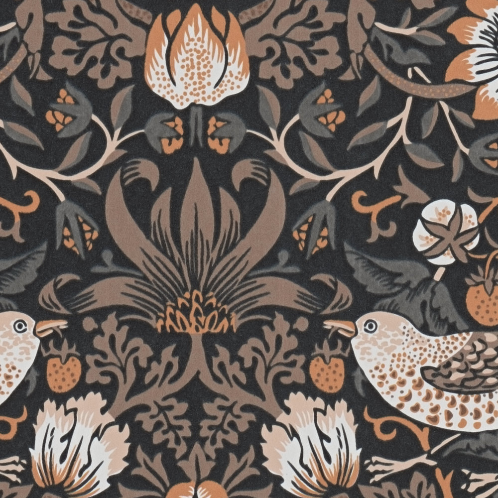             Florale Tapete mit Vögel in knalligen Farben – orange, Schwarz, Weiß
        