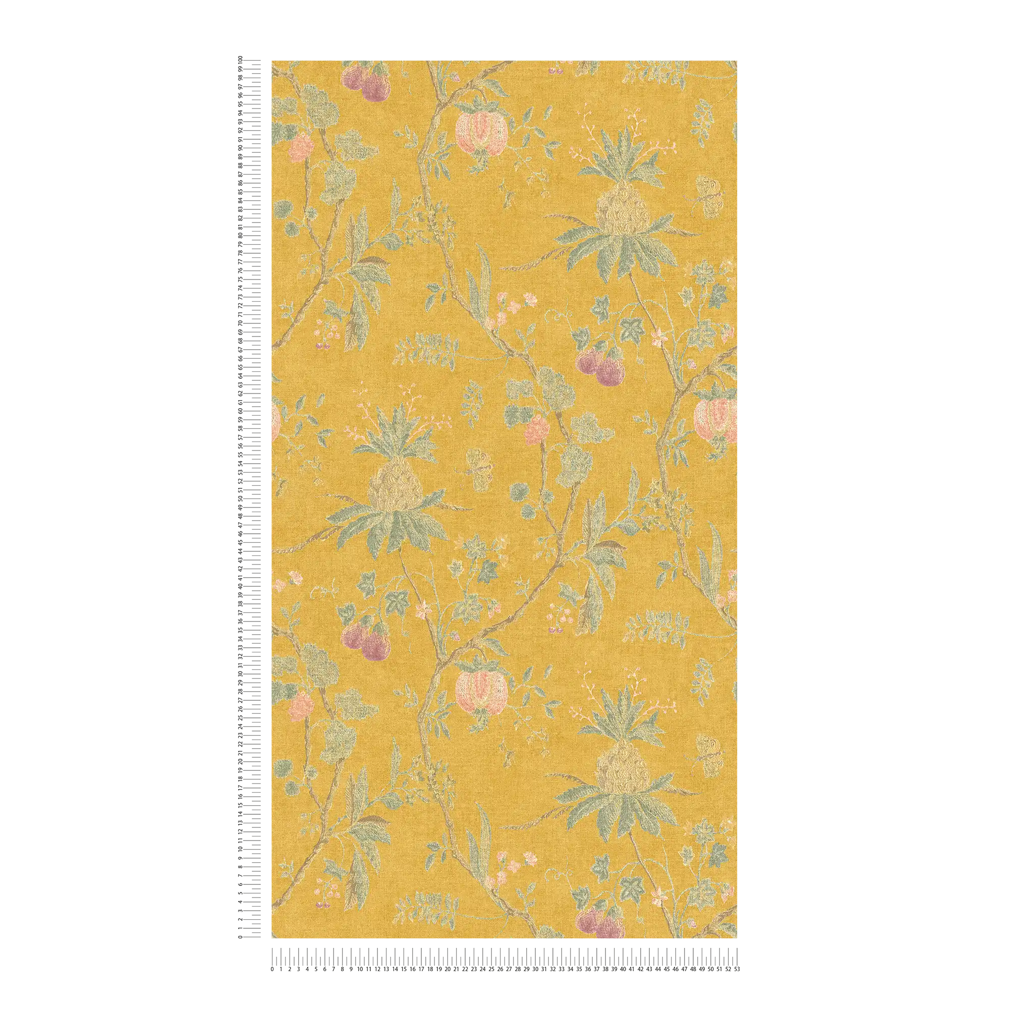             Vintage Tapete florales Muster & Leinenoptik – Gelb
        