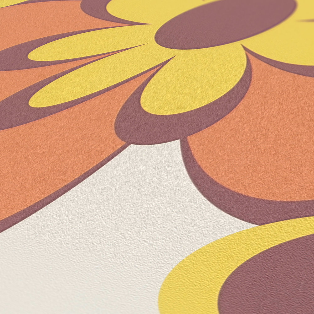             Retro Tapete 70er Blumenmuster – Orange, Gelb, Braun
        