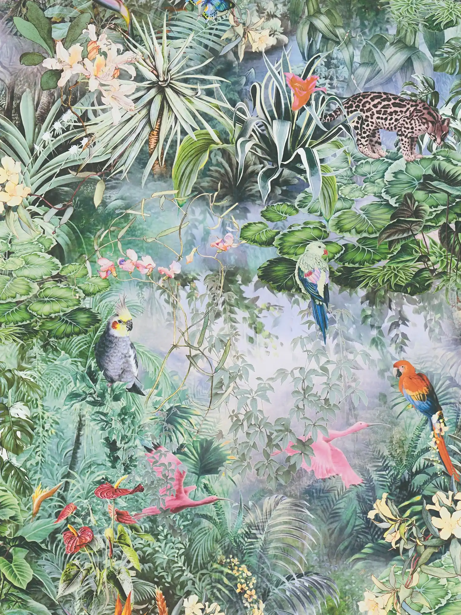 Florale Tapete Dschungel Tiere & Pflanzen – Grün, Grau

