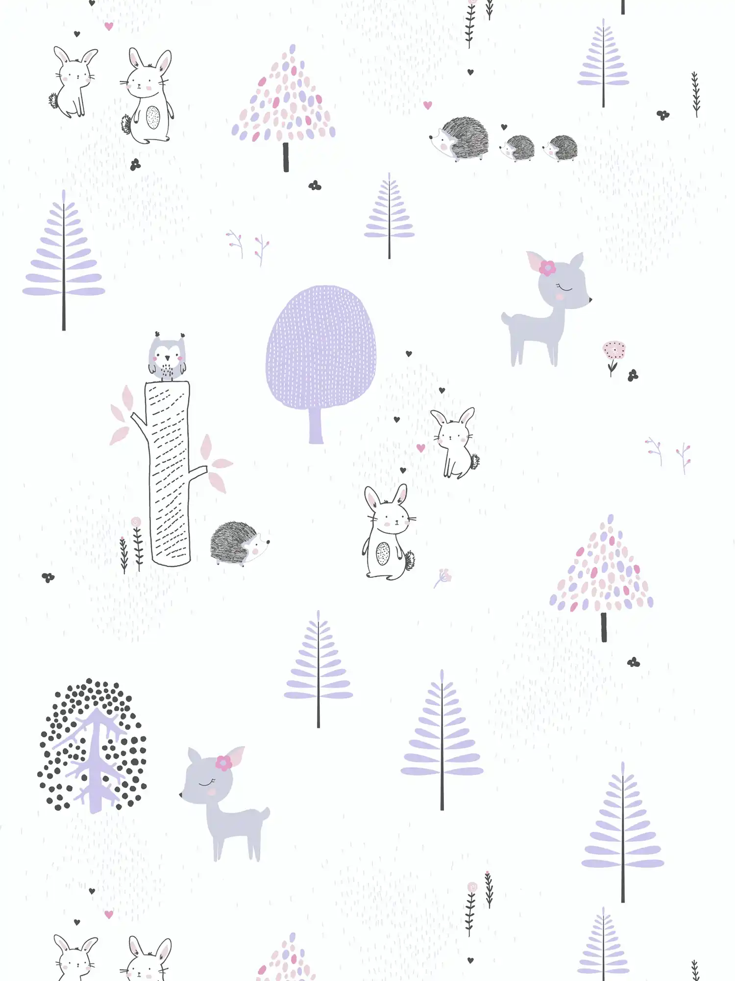         Kinderzimmer Tapete Wald Tiere – Lila, Weiß, Grau
    
