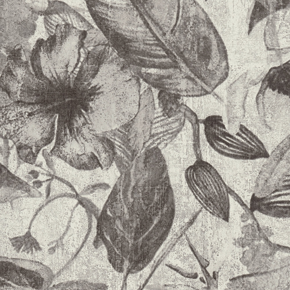             Tapete Blütenmuster, Tropen Stil & Textil-Optik – Grau, Schwarz, Weiß
        