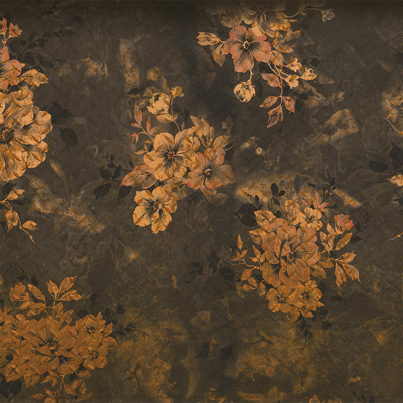 Dunkle Fototapete Blütendesign im XXL-Format – Orange, Grau, Schwarz
