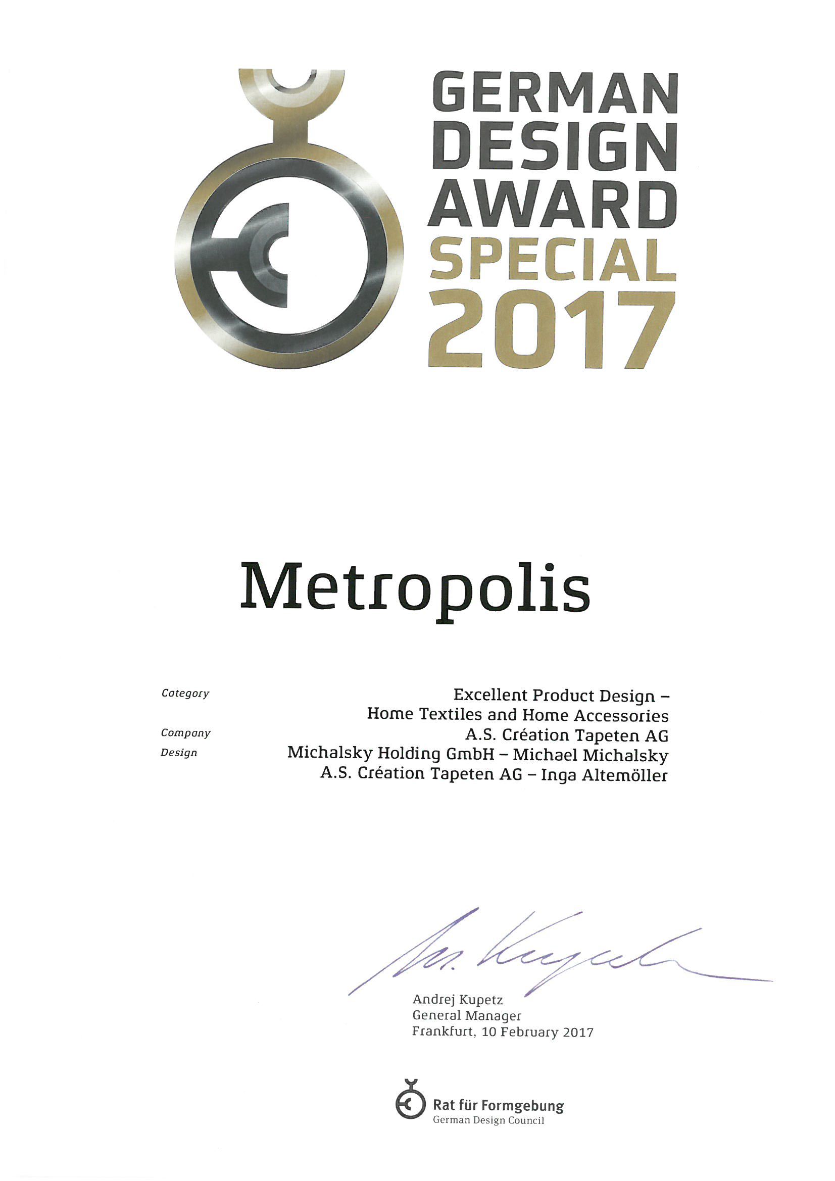 Urkunde German Design Award 2017 Metropolis
