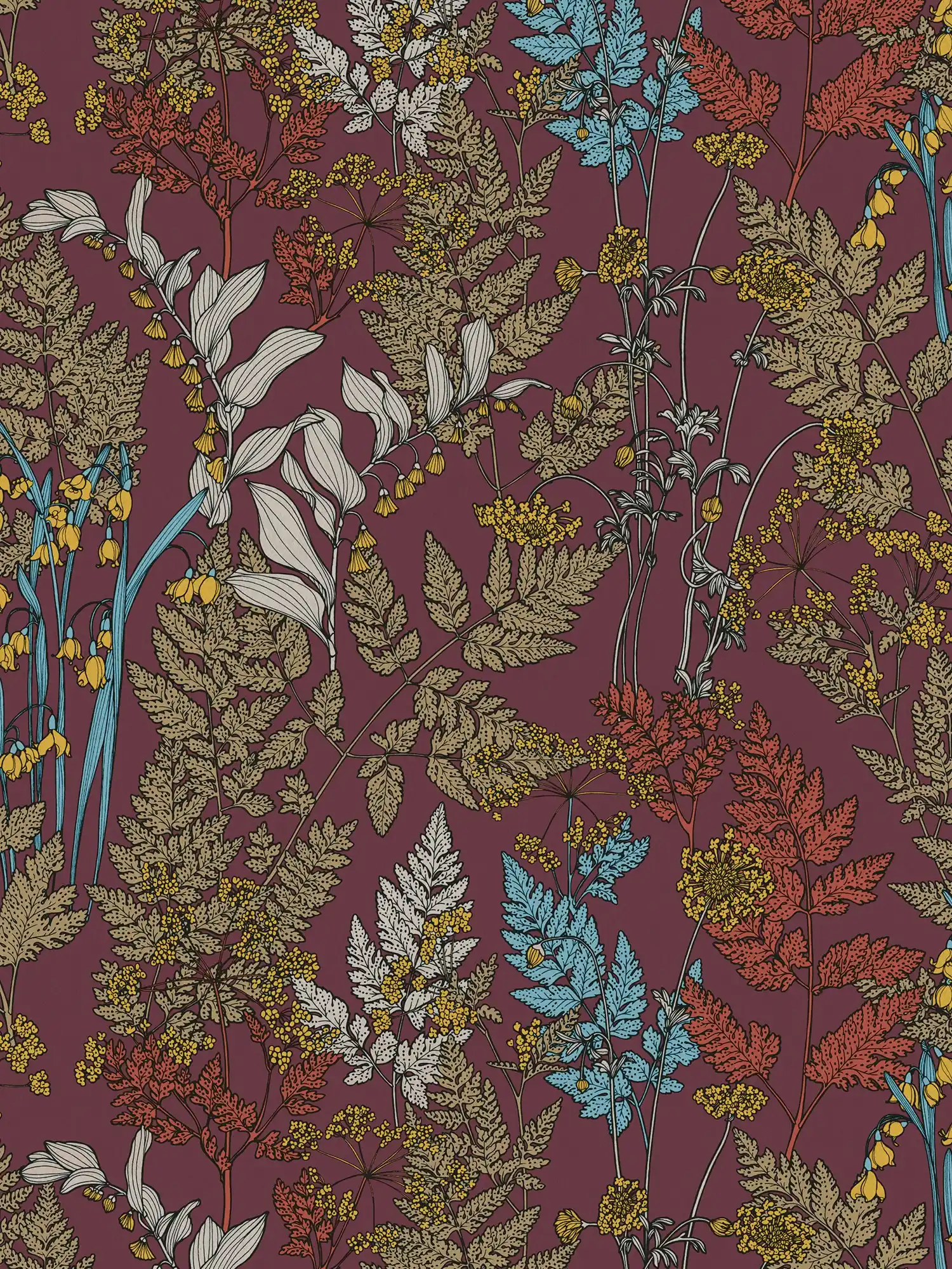         Lila Tapete mit buntem Blätter & Blumen Design – Rot, Gelb, Blau
    