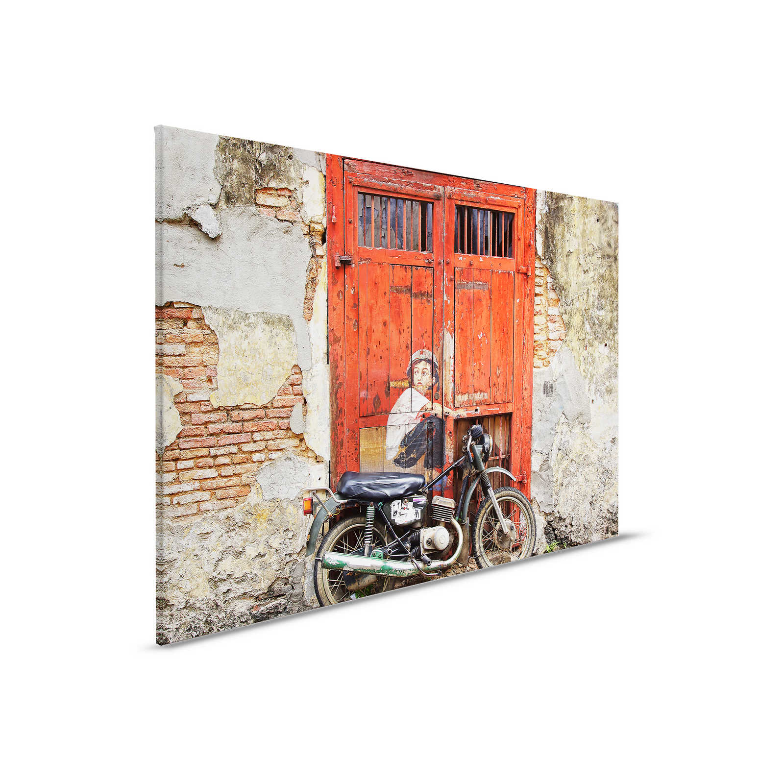 Leinwandbild Vintage Tür mit Mauer & Motorrad – 0,90 m x 0,60 m
