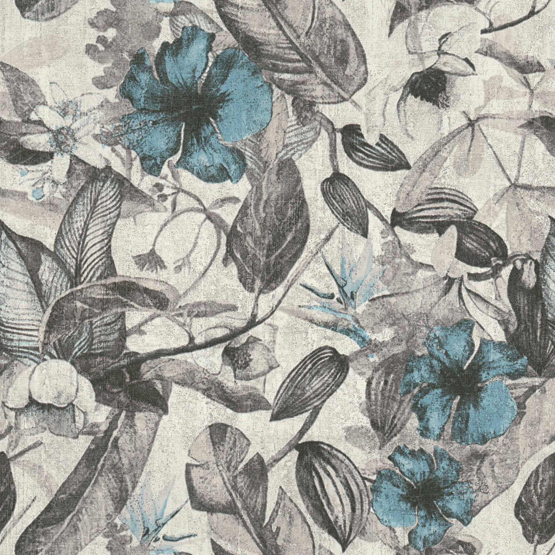 Tapete tropisches Blütenmuster im Textil-Look – Blau, Grau, Schwarz
