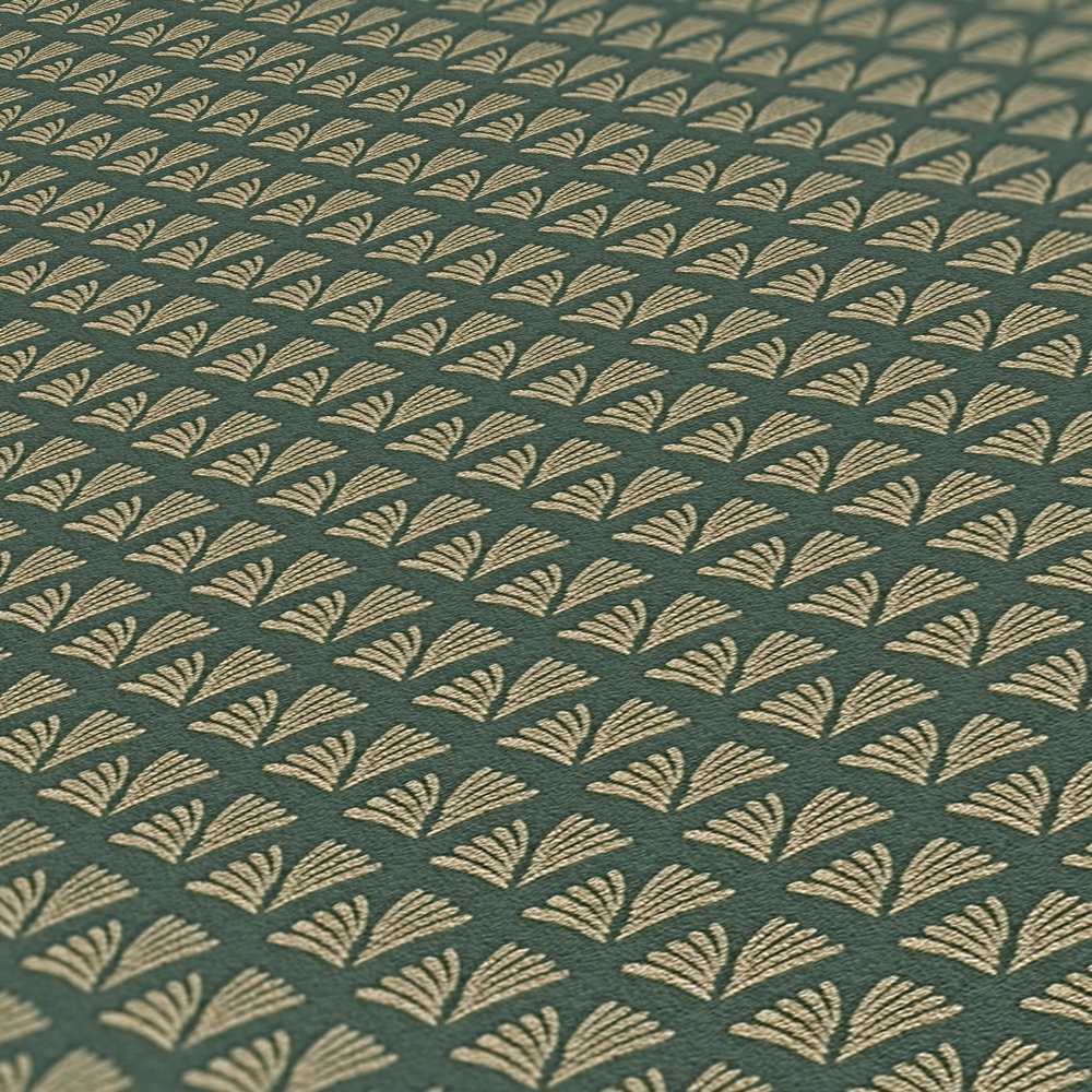             Tapete Dunkelgrün mit Gold Muster im Retro Stil – Grün, Metallic
        
