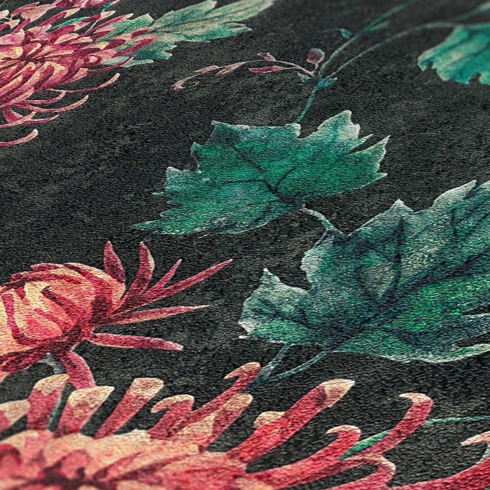             Mustertapete mit asiatischem Kranich- und Blütenmotiv – Schwarz, Rot, Grün
        