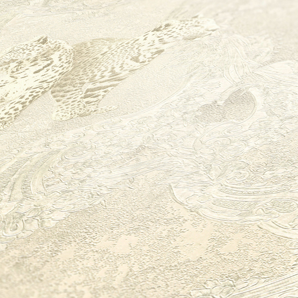             Luxus Tapete Retro Ornamente & Leoparden Motiv – Creme, Grau
        