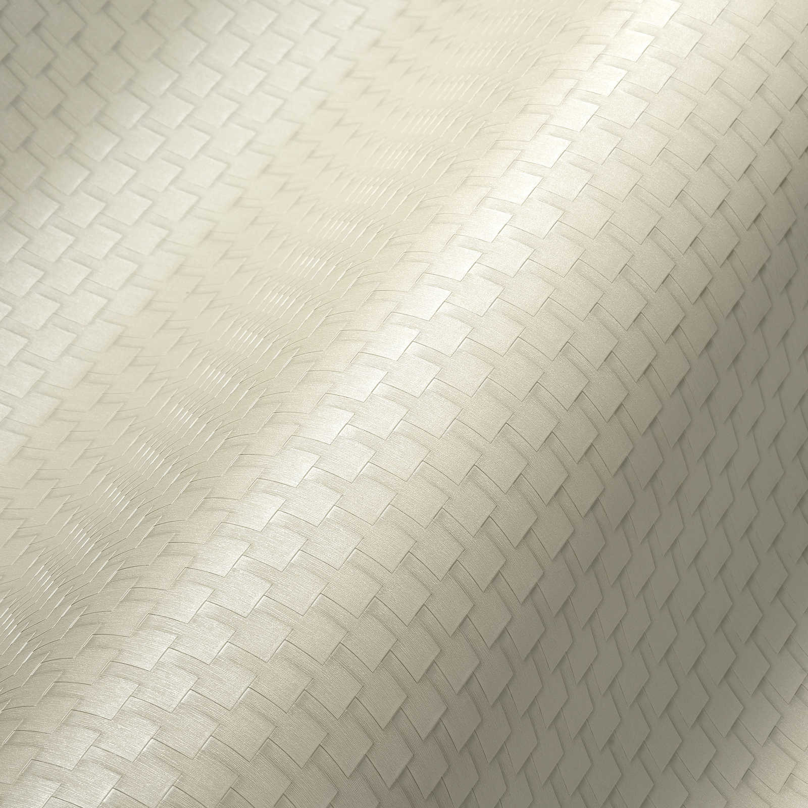             Gemusterte Tapete mit Facetten-Design und 3D-Effekt – Weiß, Grau, Silber
        
