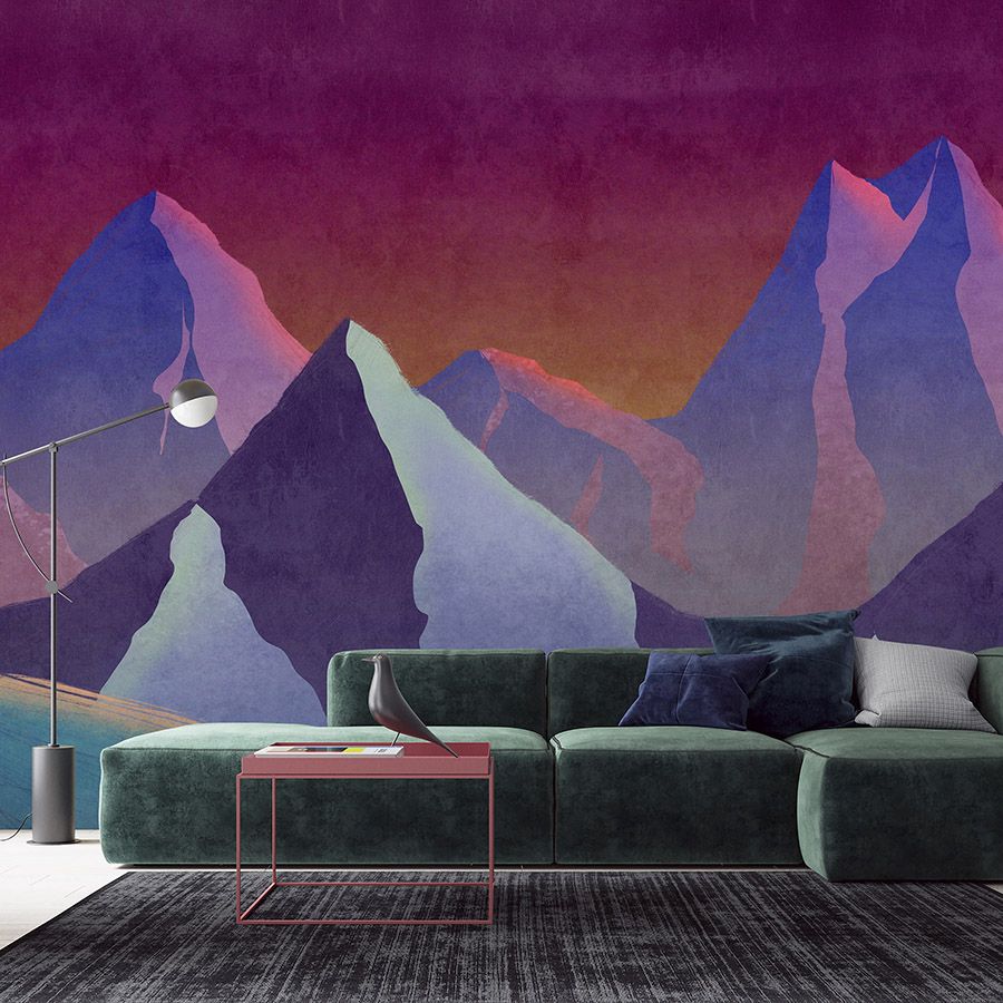 Fototapete »altitude 1« - Abstraktes Gebirge in Neonfarben mit Vintage Putzstruktur – Glattes, leicht perlmutt-schimmerndes Vlies
