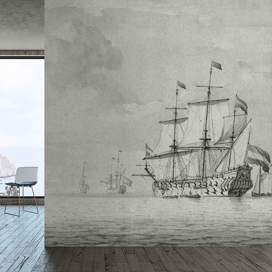 On the Sea 2 – Grau-Beige Fototapete Schiffe Vintage Gemälde Stil
