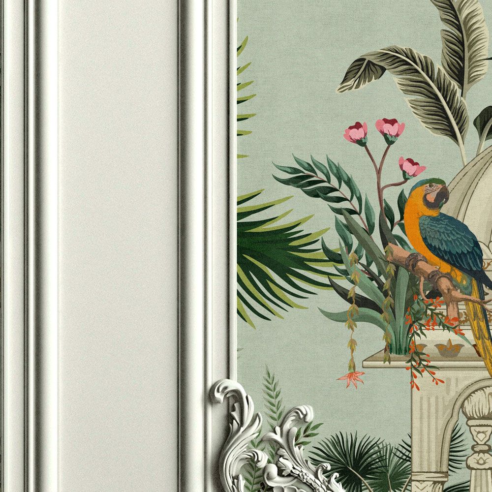             Fototapete »darjeeling« - Stuckrahmenoptik mit Vögeln & Palmen mit Leinenstruktur im Hintergrund – Glattes, leicht glänzendes Premiumvlies
        