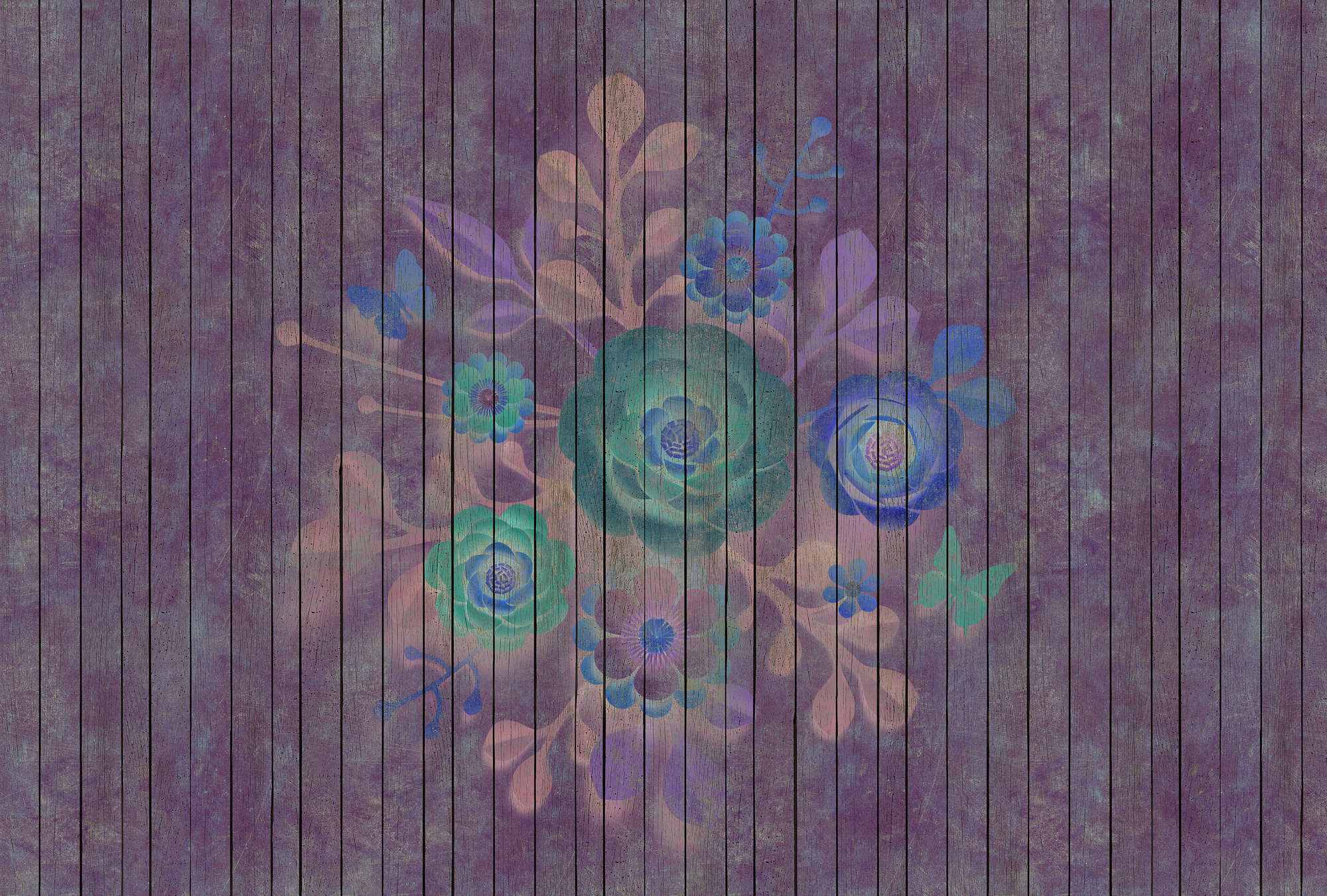             Spray Bouquet 1 - Fototapete mit Blumen auf Bretterwand - Holpaneele breit – Blau, Grün | Struktur Vlies
        